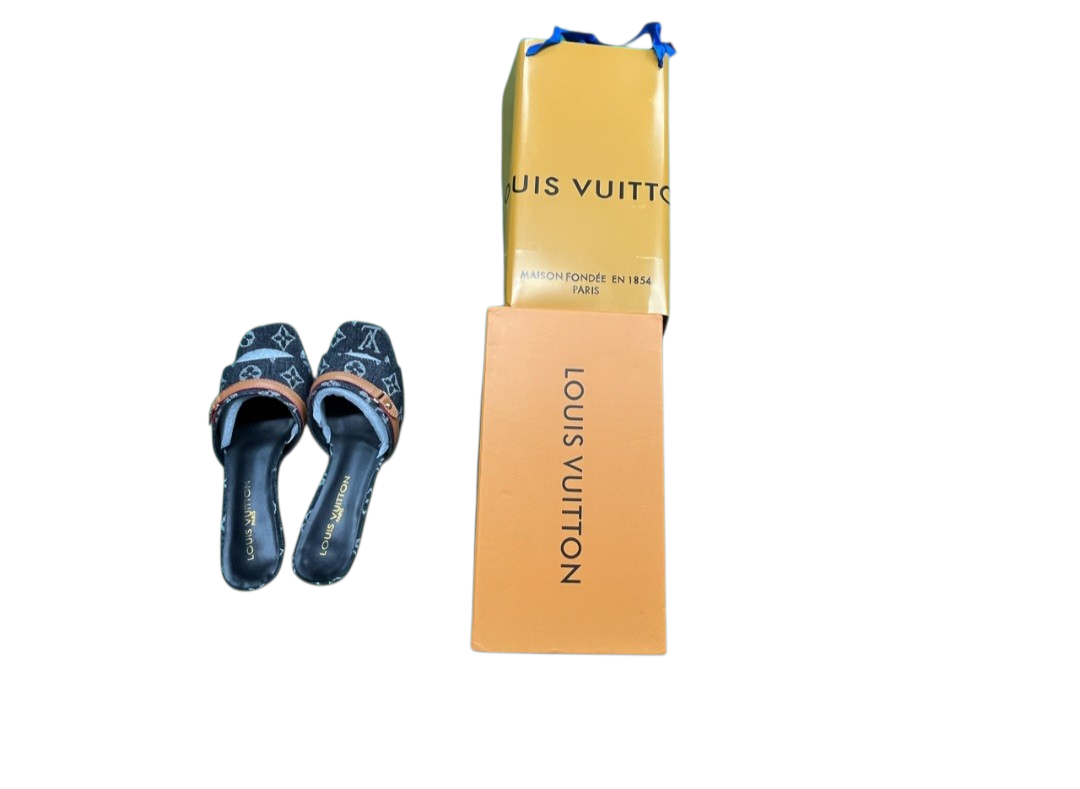 Monogram Print Kitten Heel Sandals with Square Toe – Includes Premium Gift Box & Courtesy Bag