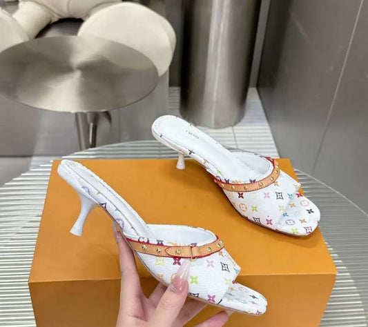 Monogram Print Kitten Heel Sandals with Square Toe – Includes Premium Gift Box & Courtesy Bag