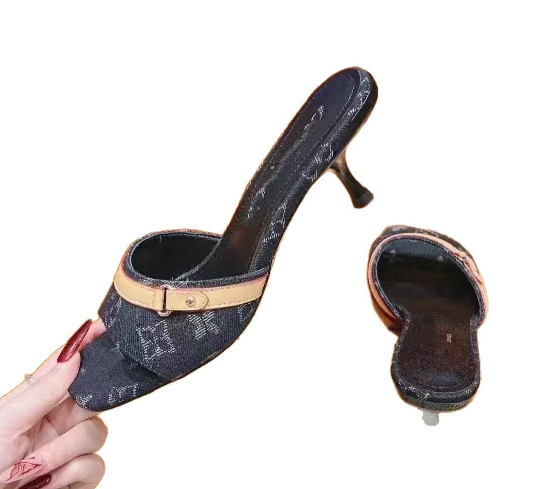Monogram Print Kitten Heel Sandals with Square Toe – Includes Premium Gift Box & Courtesy Bag