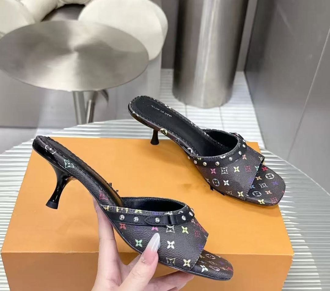 Monogram Print Kitten Heel Sandals with Square Toe – Includes Premium Gift Box & Courtesy Bag