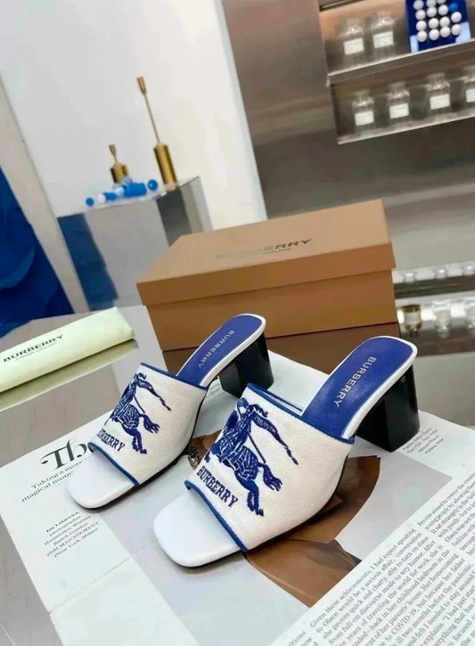 Embroidered Equestrian Knight Canvas Heeled Mules in Royal Blue and White