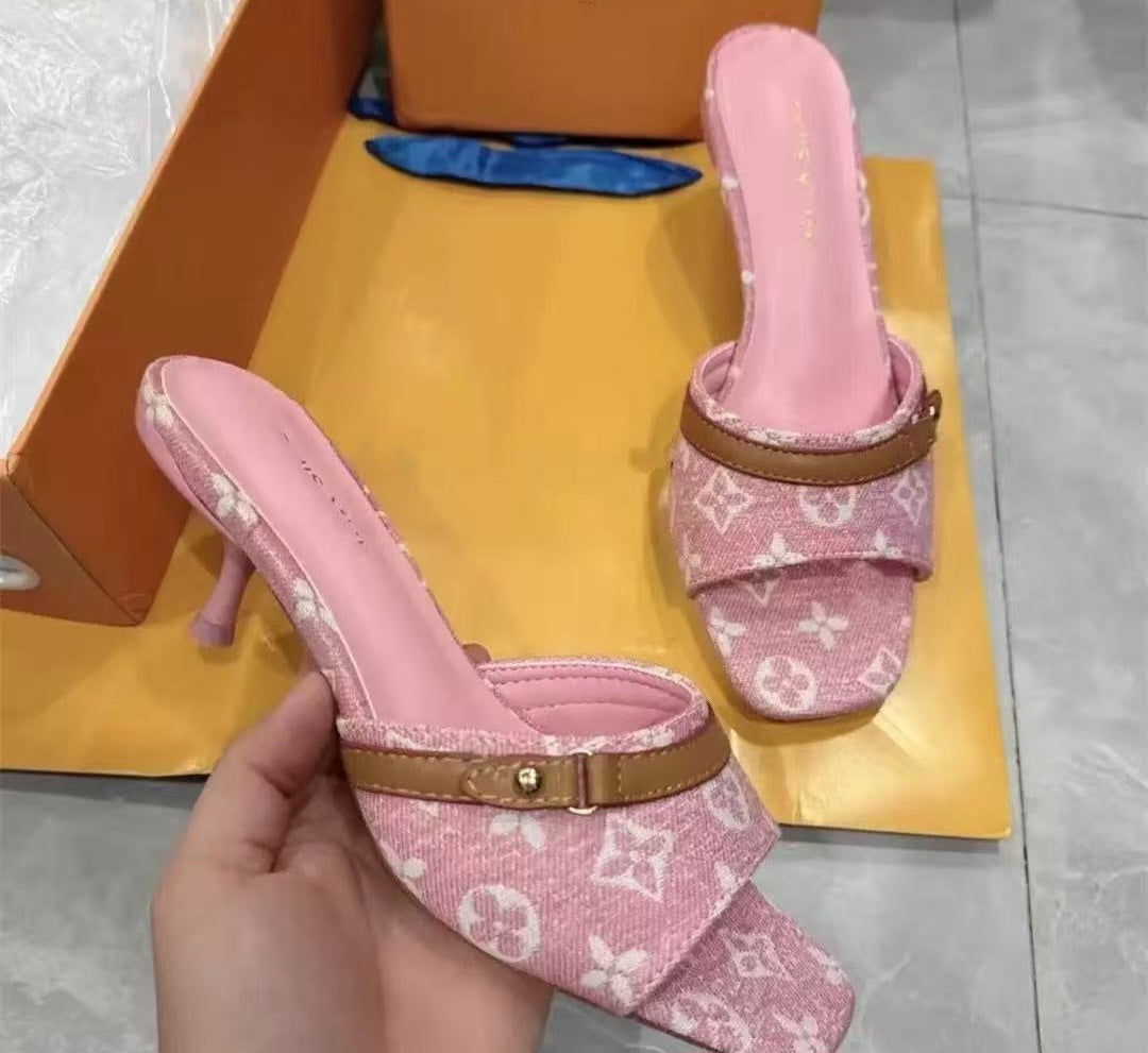 Monogram Print Kitten Heel Sandals with Square Toe – Includes Premium Gift Box & Courtesy Bag