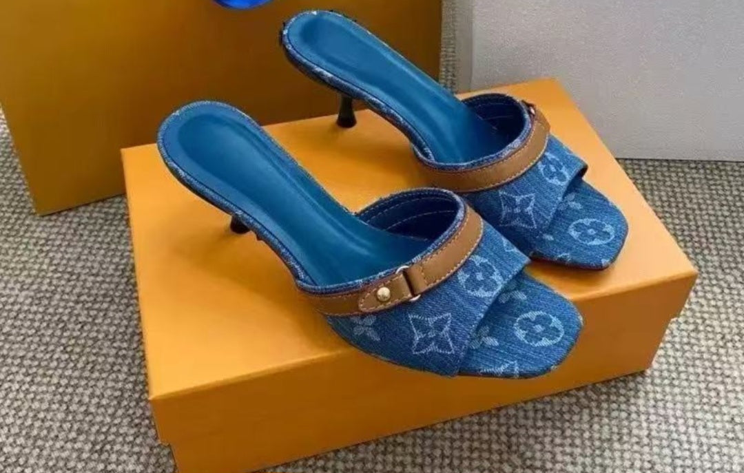 Monogram Print Kitten Heel Sandals with Square Toe – Includes Premium Gift Box & Courtesy Bag