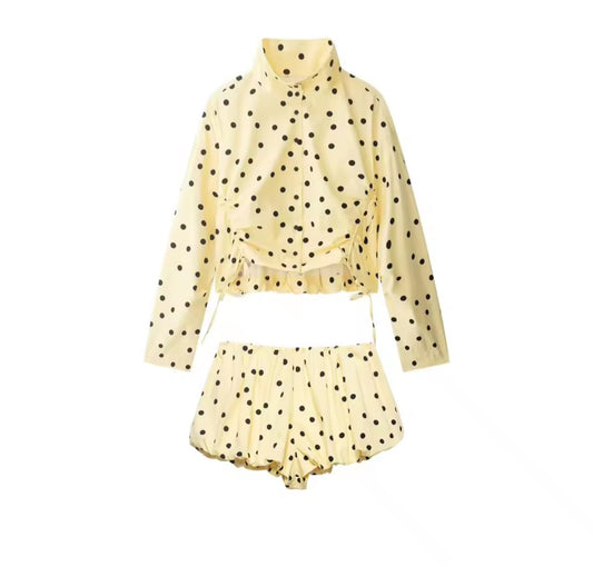 Polka Dot Two-Piece Set: High-Neck Ruched Top & Bubble Hem Mini Shorts
