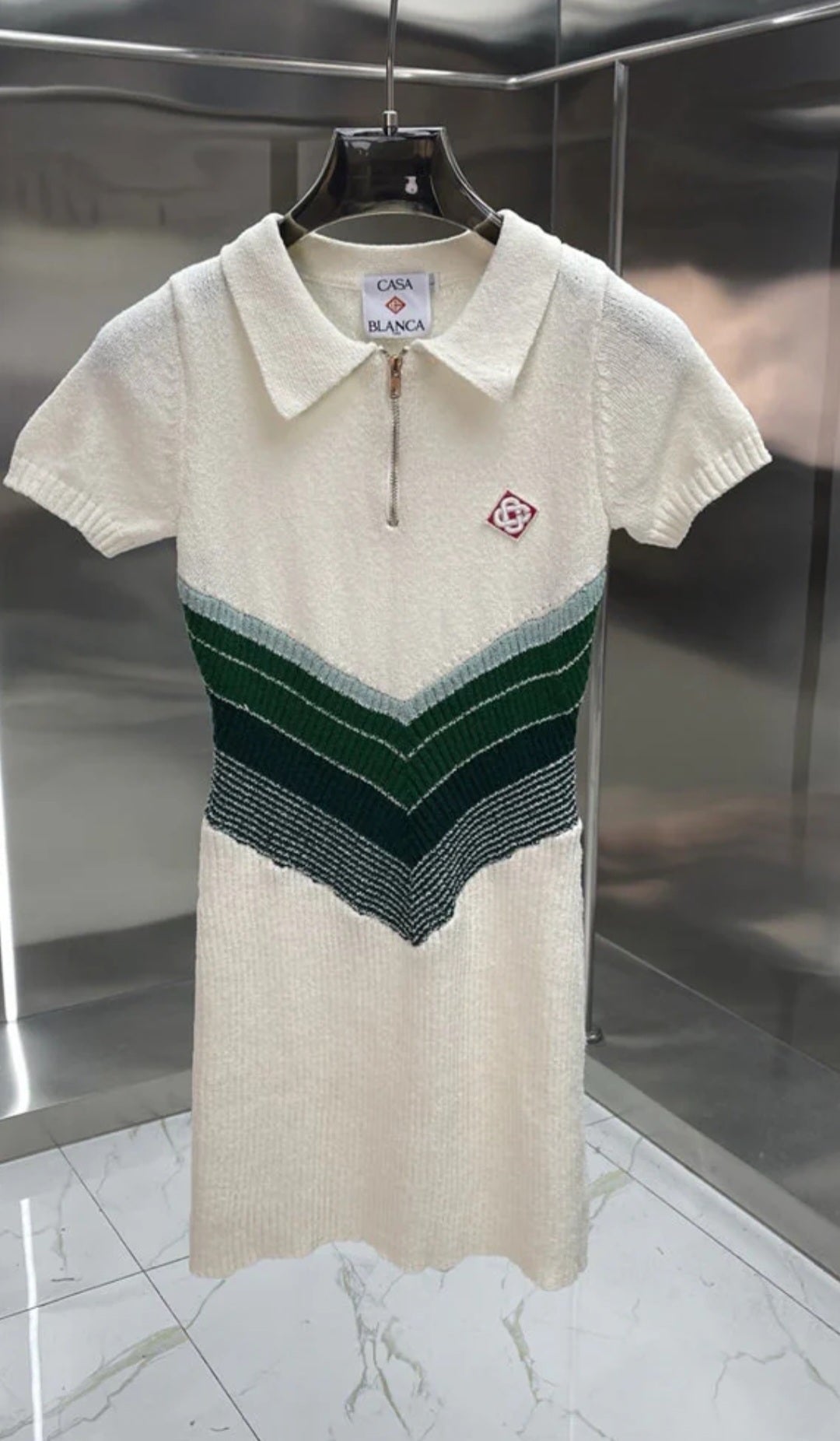 Chevron Contrast Ribbed Knit Polo Dress