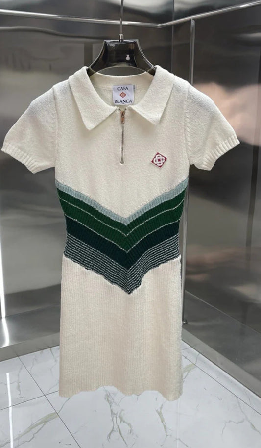 Chevron Contrast Ribbed Knit Polo Dress