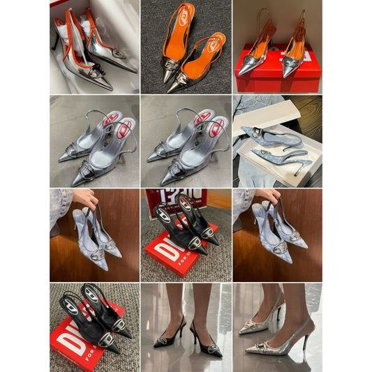 Elegant Pointed-Toe Slingback Heels with Reflective Finish