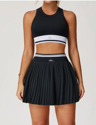 Women's Pleated Active Skirt and High-Neck Sports Bra Set in Black with White Accent Banding